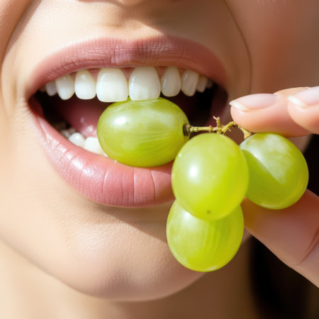 Close-up of glossy lips gently holding a fresh grape between bright white teeth.の素材