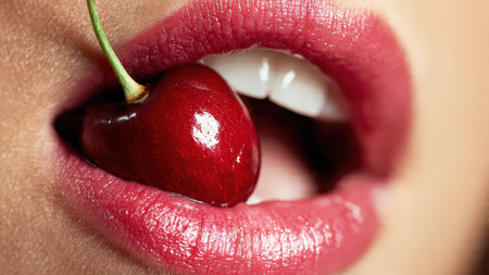 Close-up of glossy lips gently holding a fresh cherry between bright white teeth.の素材
