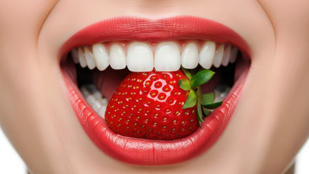 Close-up of glossy lips gently holding a fresh strawberry between bright white teeth.の素材