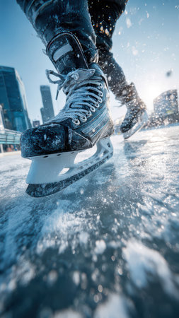 People ice skating on outdoor rink in winter.の素材