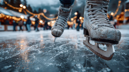 People ice skating on outdoor rink in winter.の素材