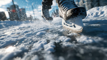 People ice skating on outdoor rink in winter.の素材