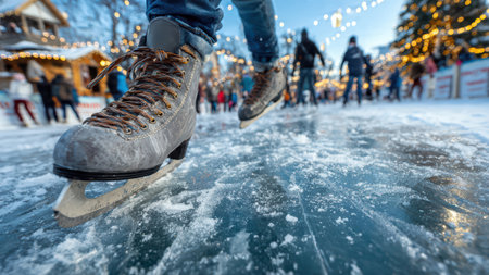 People ice skating on outdoor rink in winter.の素材