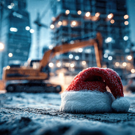 A red Christmas Santa hat lying on snowy ground at an active construction site during a colorful winter sunset.の素材