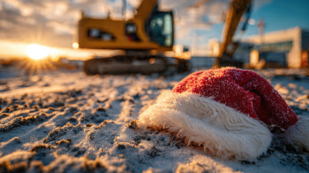 A red Christmas Santa hat lying on snowy ground at an active construction site during a colorful winter sunset.の素材