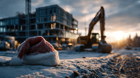 A red Christmas Santa hat lying on snowy ground at an active construction site during a colorful winter sunset.の素材