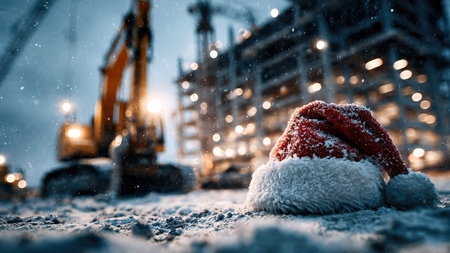 A red Christmas Santa hat lying on snowy ground at an active construction site during a colorful winter sunset.の素材