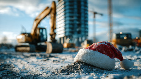 A red Christmas Santa hat lying on snowy ground at an active construction site during a colorful winter sunset.の素材
