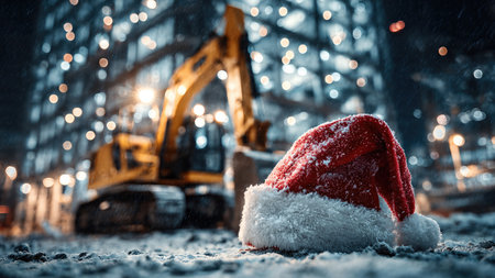 A red Christmas Santa hat lying on snowy ground at an active construction site during a colorful winter sunset.の素材