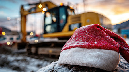 A red Christmas Santa hat lying on snowy ground at an active construction site during a colorful winter sunset.の素材