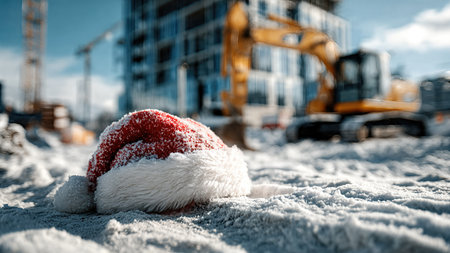A red Christmas Santa hat lying on snowy ground at an active construction site during a colorful winter sunset.の素材