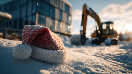 A red Christmas Santa hat lying on snowy ground at an active construction site during a colorful winter sunset.の素材