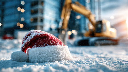 A red Christmas Santa hat lying on snowy ground at an active construction site during a colorful winter sunset.の素材