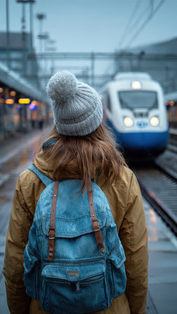 Young woman with backpack waiting for metro train on modern platform.の素材