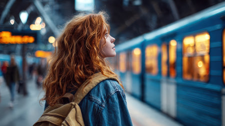Young woman with backpack waiting for metro train on modern platform.の素材