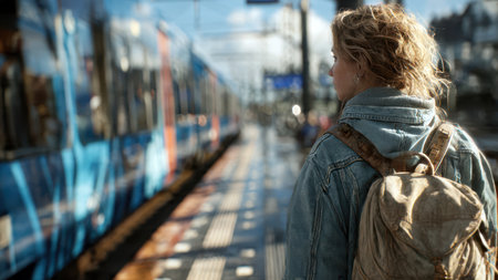 Young woman with backpack waiting for metro train on modern platform.の素材