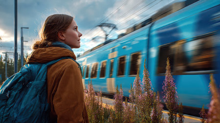 Young woman with backpack waiting for metro train on modern platform.の素材
