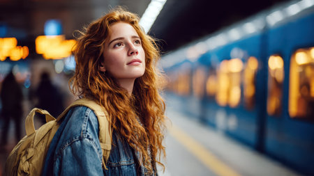 Young woman with backpack waiting for metro train on modern platform.の素材