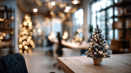 Small festive Christmas tree on a vacant office desk with stationery, symbolizing a quiet and forgotten holiday mood.の素材