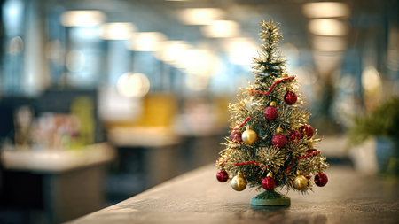 Small festive Christmas tree on a vacant office desk with stationery, symbolizing a quiet and forgotten holiday mood.の素材
