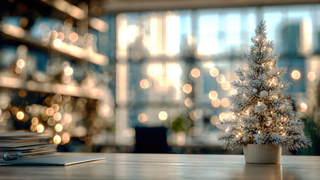 Small festive Christmas tree on a vacant office desk with stationery, symbolizing a quiet and forgotten holiday mood.の素材