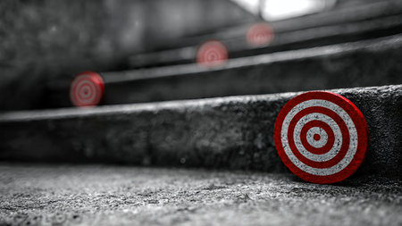 Red and white target with a dart perfectly hitting the bull's eye, concept of accuracy and achieving the goal.の素材