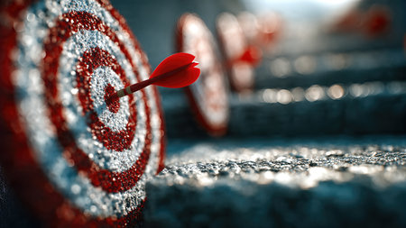 Red and white target with a dart perfectly hitting the bull's eye, concept of accuracy and achieving the goal.の素材