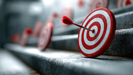 Red and white target with a dart perfectly hitting the bull's eye, concept of accuracy and achieving the goal.の素材