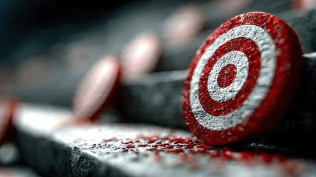 Red and white target with a dart perfectly hitting the bull's eye, concept of accuracy and achieving the goal.の素材