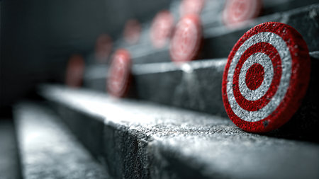 Red and white target with a dart perfectly hitting the bull's eye, concept of accuracy and achieving the goal.の素材