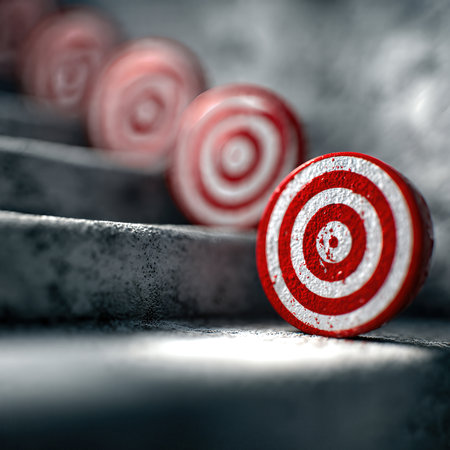 Red and white target with a dart perfectly hitting the bull's eye, concept of accuracy and achieving the goal.の素材