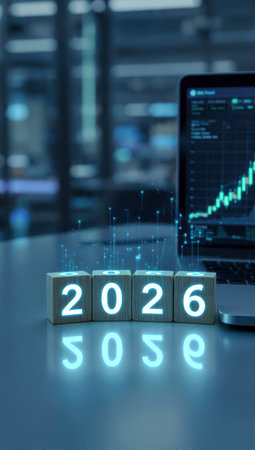 2026 Wooden Blocks with Rising Stock Market Chart on Laptop Screen.の素材