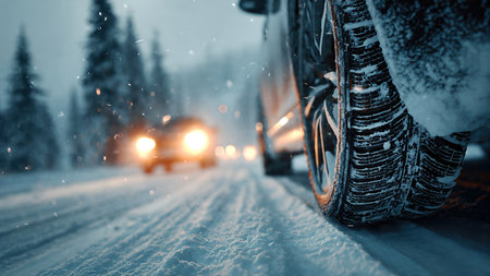 Winter Car Driving on Snowy Road. Close-Up of Vehicle Tire with Snow, Safety and Traction Concept.の素材