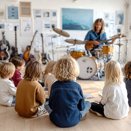 School Music Class with Kids Playing Instruments and Learning Together.の素材