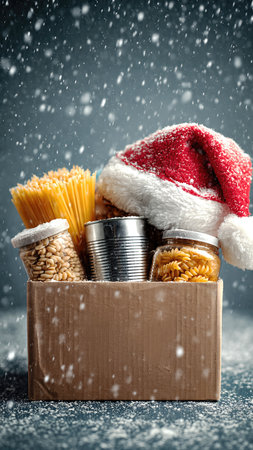 Festive Food Box with Santa Hat in Snowy Scene.の素材