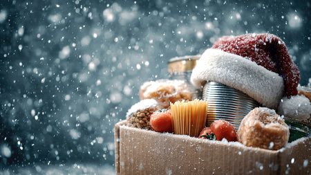 Festive Food Box with Santa Hat in Snowy Scene.の素材