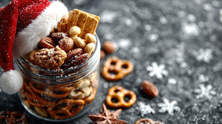 Festive Food Box with Santa Hat in Snowy Scene.の素材