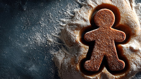 Gingerbread dough with cookie cutter for Christmas cookies, top view.の素材