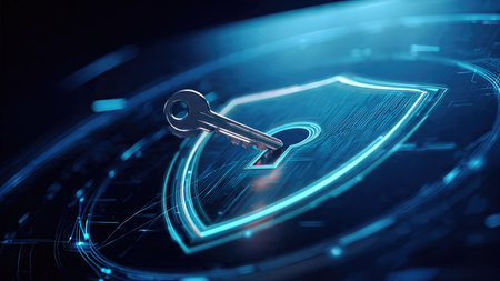 Digital security concept with key padlock and shield. Cyber protection and data encryption.の素材