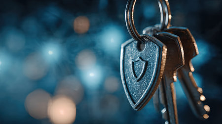 Digital security concept with key padlock and shield. Cyber protection and data encryption.の素材