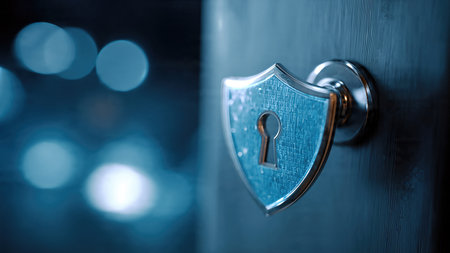 Digital security concept with key padlock and shield. Cyber protection and data encryption.の素材