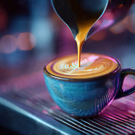 Latte art creation by skilled barista in warm, inviting coffee environment.の素材