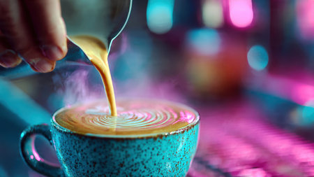 Latte art creation by skilled barista in warm, inviting coffee environment.の素材