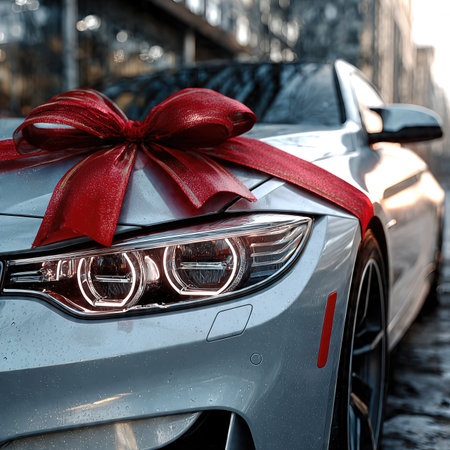 Luxury car with red gift bow outdoors, holiday celebration concept.の素材