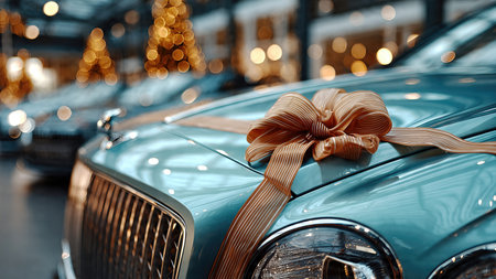 Luxury car with red gift bow outdoors, holiday celebration concept.の素材
