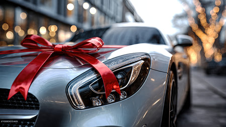 Luxury car with red gift bow outdoors, holiday celebration concept.の素材
