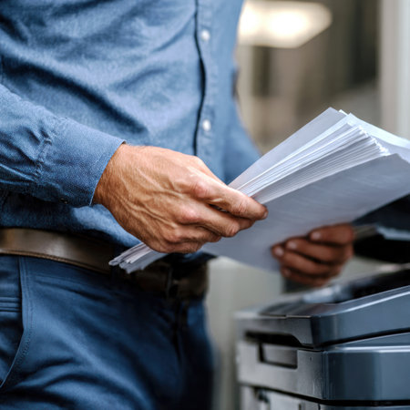 Office Worker Handling Documents at Printer in Modern Workspace.の素材