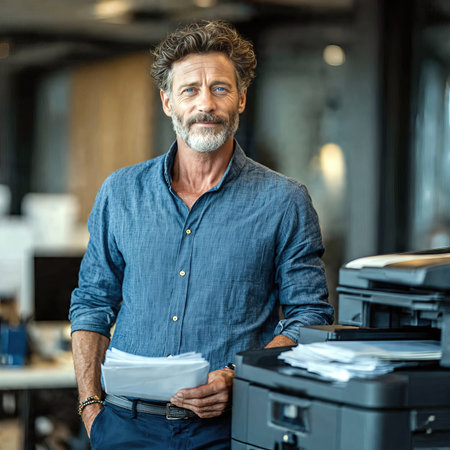 Office Worker Handling Documents at Printer in Modern Workspace.の素材