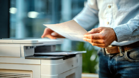Office Worker Handling Documents at Printer in Modern Workspace.の素材