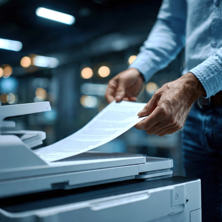Office Worker Handling Documents at Printer in Modern Workspace.の素材